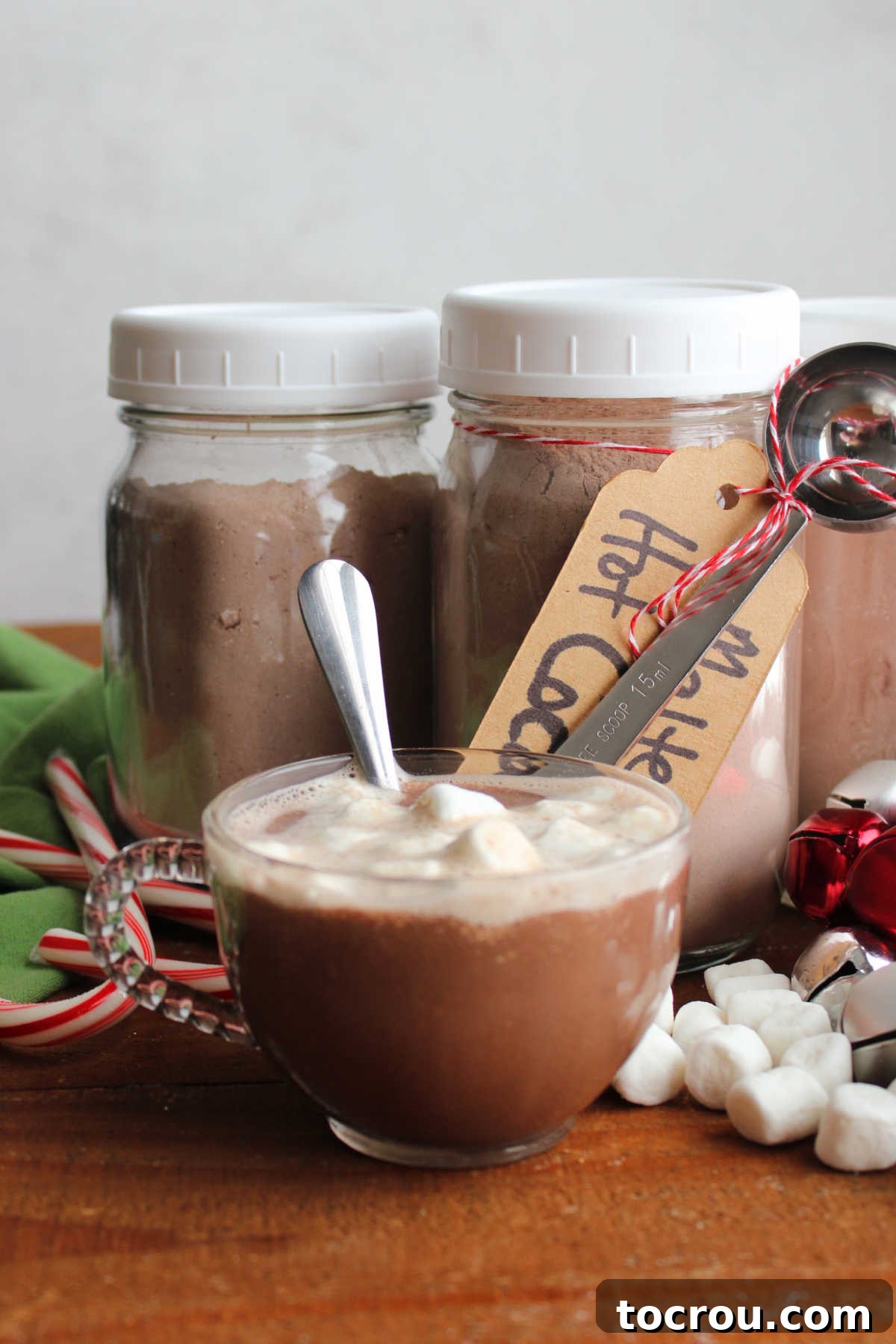 Mug of malted hot cocoa next to jars of homemade malted hot chocolate mix.
