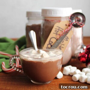 Glass mug of malted hot cocoa with mini marshmallows on top with jars of more homemade malted hot cocoa mix in the background.