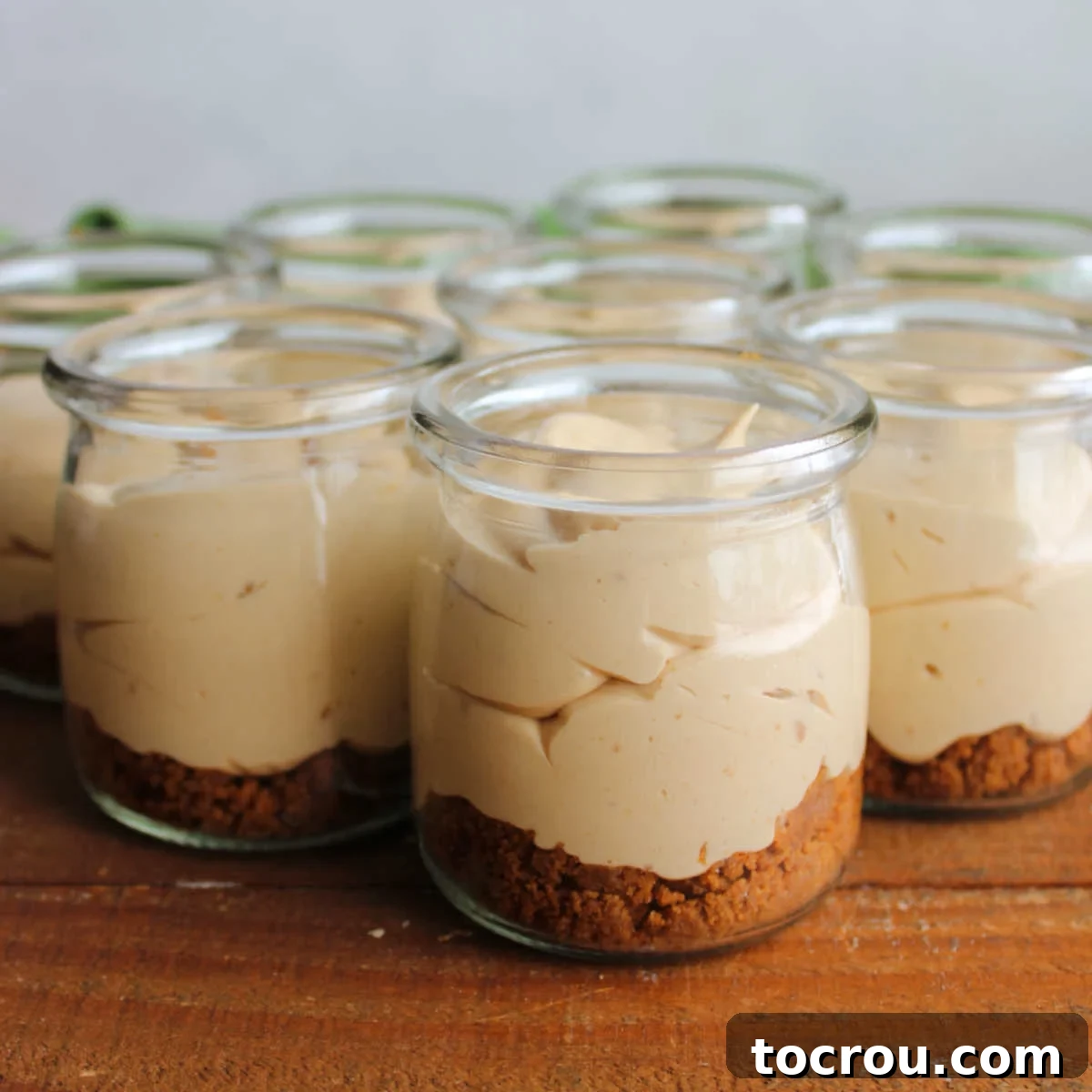 Small glass jars filled with no bake cookie butter cheesecake mixture and a Biscoff cookie crust, garnished with extra cookie crumbles.