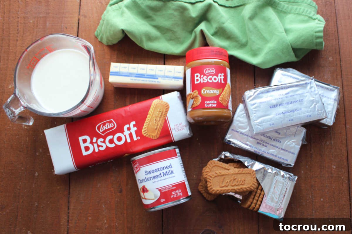Ingredients including Biscoff cookies, cookie butter, cream cheese, sweetened condensed milk, butter, and heavy cream laid out for making no-bake cookie butter cheesecake cups.