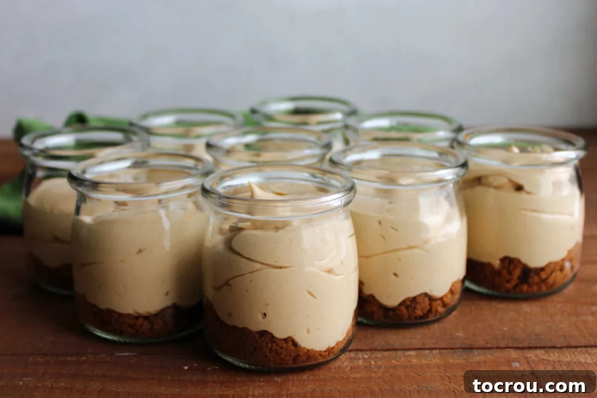A collection of glass jars filled with creamy cookie butter cheesecake and a crispy Biscoff cookie crust, ready for enjoyment.