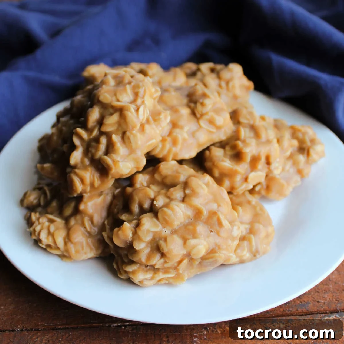 Close-up plate of irresistibly chewy no-bake peanut butter oatmeal cookies, ready to be enjoyed.