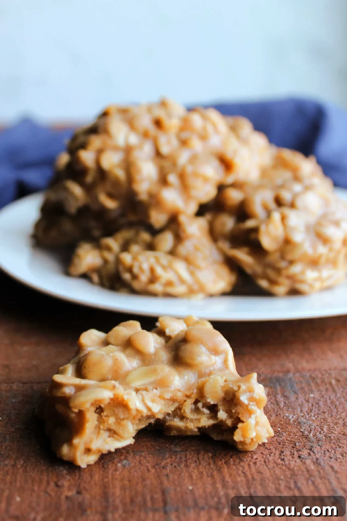 A delicious peanut butter oatmeal no-bake cookie with a bite missing, revealing its dense, chewy texture, displayed in front of a plate of more cookies.