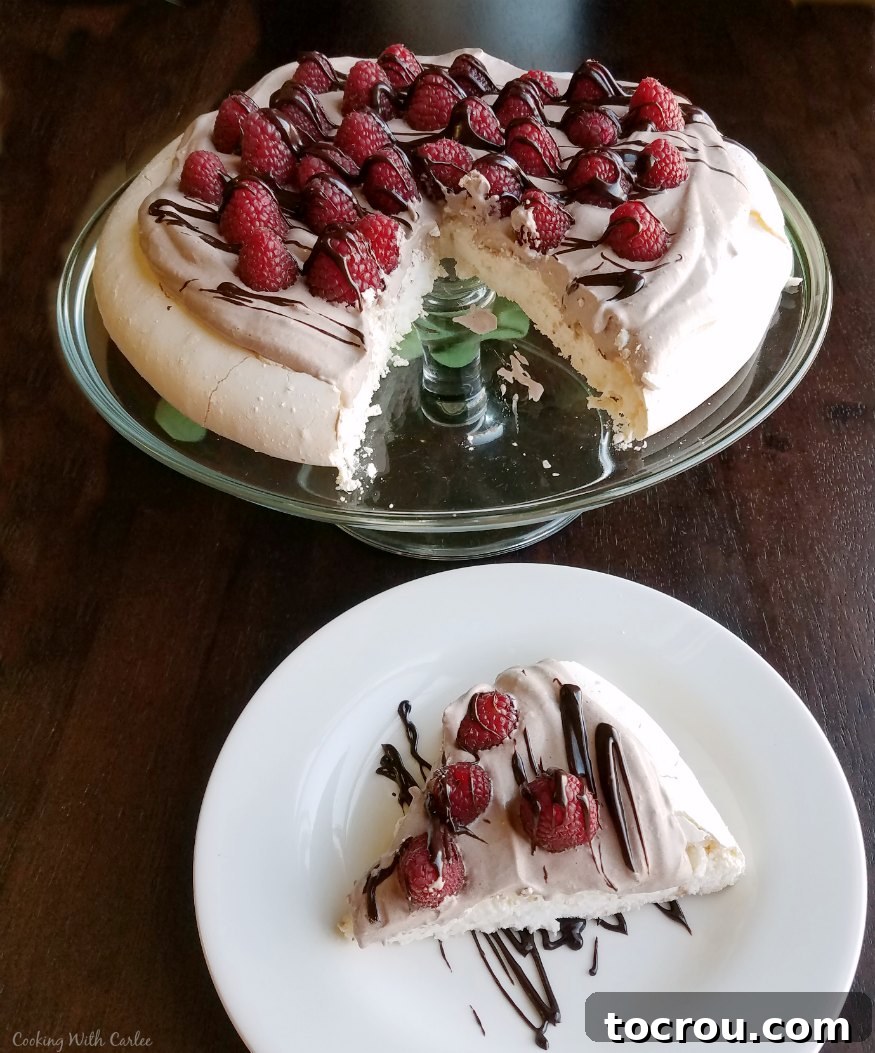 Slice of pavlova with chocolate whipped cream and raspberries next to a cake plate with more pavlova on top. 