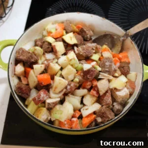 Pot of browned venison chunks and veggies coated in extra flour mixture, ready to add the liquid for the stew.