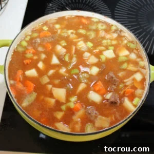 Pot full of venison stew mixture after the broth, water, and tomato juice have been added, ready to simmer and thicken.