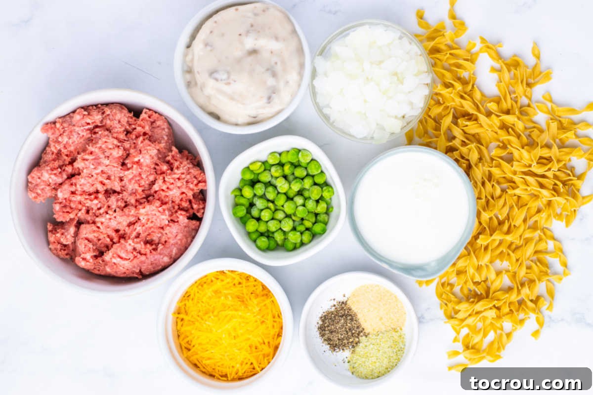 A clear and organized display of all the essential ingredients laid out for making the Amish Country Casserole: ground beef, a can of cream of mushroom soup, milk, a diced onion, wide egg noodles, shredded cheddar cheese, and various seasonings.