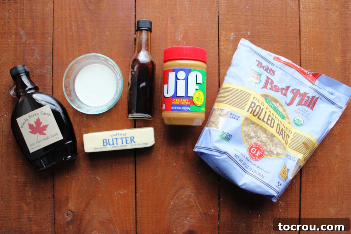 Easy Maple No-Bake Treats 3 Ingredients including maple syrup, milk, vanilla, butter, peanut butter, and old fashioned oats ready to be made into maple no bake cookies.