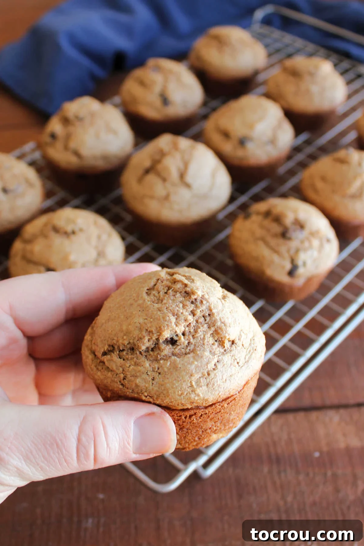 A hand gently holds a freshly baked homemade bran muffin, showcasing its perfectly risen, tall dome and inviting golden-brown crust. In the soft background, more delicious bran muffins are visible cooling on a wire rack, highlighting a bountiful batch.