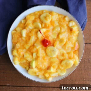 Zesty Fruit Medley 8 Bowl of fruit salad with bananas, apples, mandarin oranges, and pineapple in a creamy orange Tang dressing.