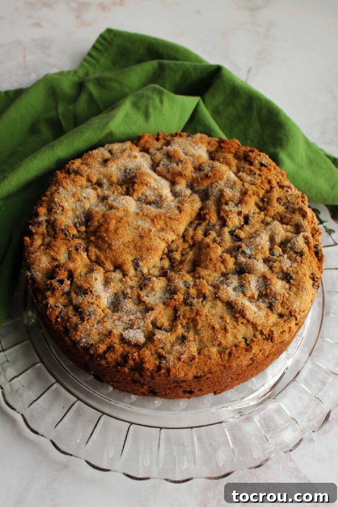 Irish Fruit Tea Loaf 4 Whole round Irish tea brack with sugar crusted top on glass cake plate ready to serve.