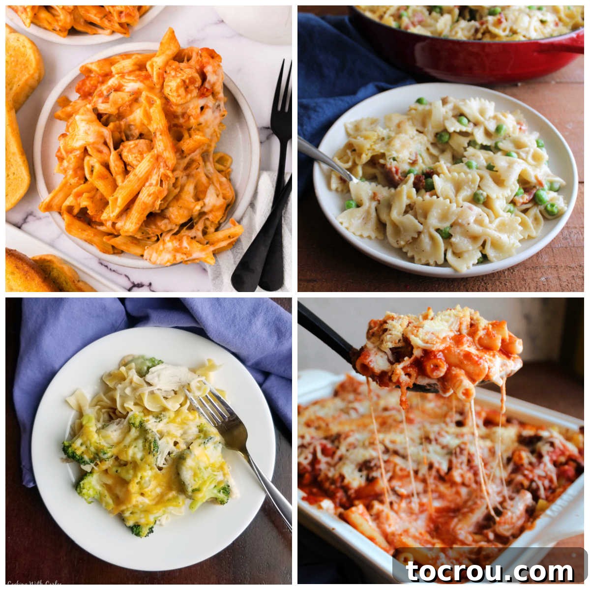 Collage of images including no boil chicken baked pasta, baked alfredo pasta with bacon and peas, baked ziti, and grandma's chicken broccoli casserole. A vibrant visual feast of comforting pasta bakes ready for dinner.