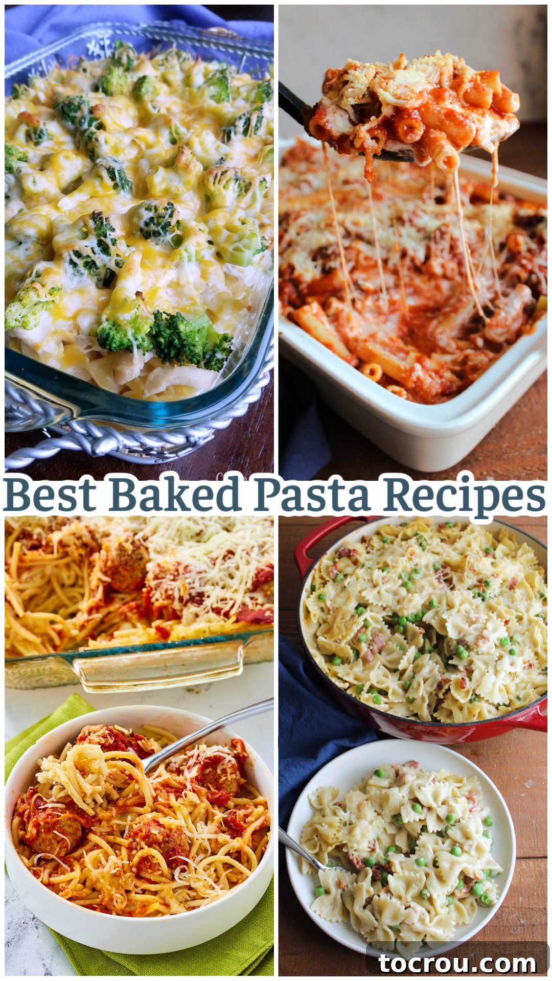 Collage of images including cheesy chicken broccoli casserole, baked ziti, stanley tucci baked pasta, and spaghetti and meatball bake. A delightful array of baked pasta dishes for any occasion.
