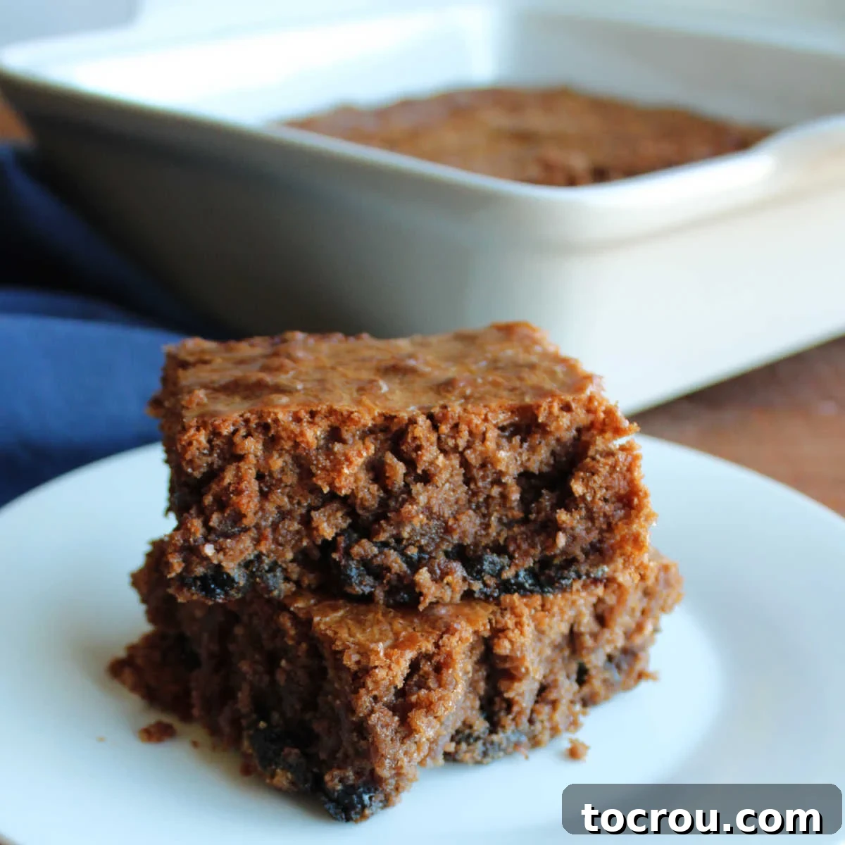 Two pieces of prune brownie stacked on top of each other on a small plate, showing fudgy texture with little bits of prune throughout. Each brownie is perfectly square with a dense, moist interior.
