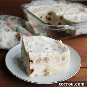 Square piece of frozen fruit salad with dates, bananas, pineapple, and pecans in a creamy base.