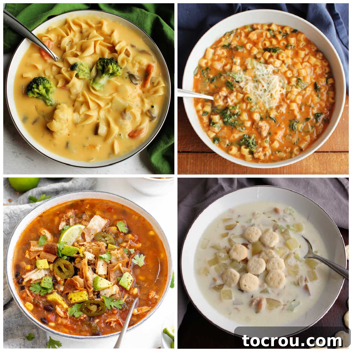 A Selection of Hearty Soups Collage of hearty soup recipes including cheese soup with pasta and veggies, Italian sausage and ditalini pasta soup, clam chowder, and chicken tortilla soup, showcasing rich and fulfilling meals perfect for dinner.