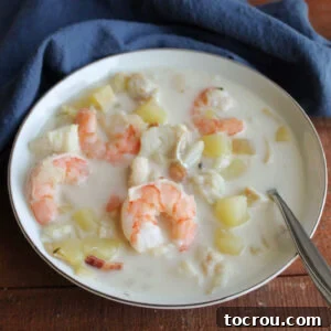 Bowl of seafood chowder with chunks of potato, cod, and shrimp floating in creamy broth, promising a rich and flavorful dinner experience.