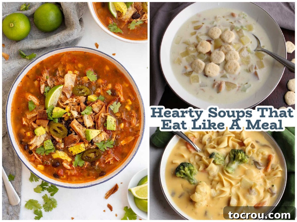 Hearty Soups for Satisfying Dinners Collage of images including chicken tortilla soup, clam chowder, and cheese soup with text that says "hearty soups that eat like a meal," emphasizing the fulfilling nature of these dinner options.