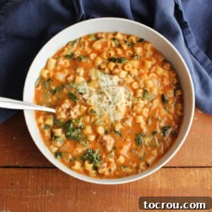Bowl of Italian sausage and ditalini soup with creamy tomato base, bits of sausage, pasta, and spinach topped with Parmesan cheese, making a hearty Italian dinner.