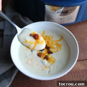 Bite of creamy potato soup with a little bit of cheddar cheese and a bacon crumble on spoon with remaining bowl and crockpot in the background, showing a comforting dinner option.