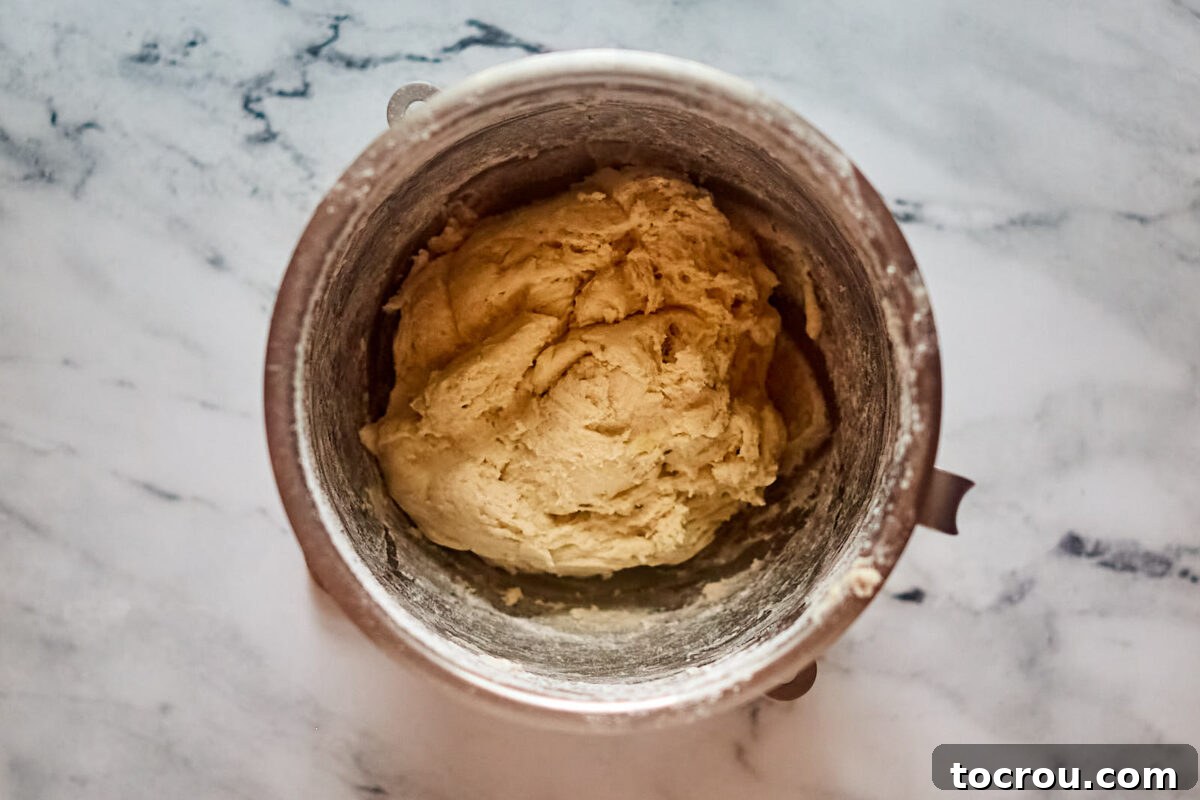Shaggy potato roll dough after flour has been mixed in.
