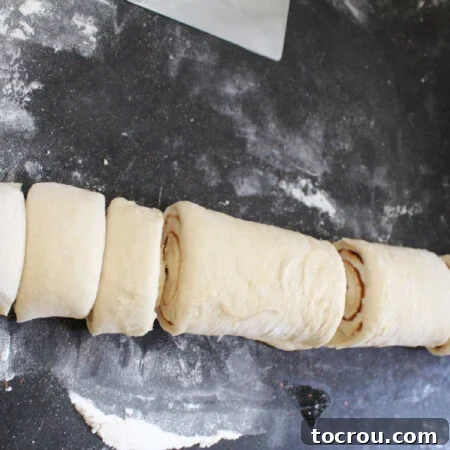 Cutting log of cinnamon roll dough into 12 equal pieces.