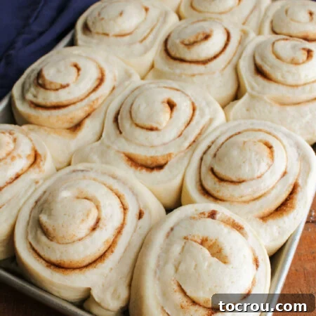 Proofed cinnamon rolls, now twice their size and filling the pan, ready to go in the oven.