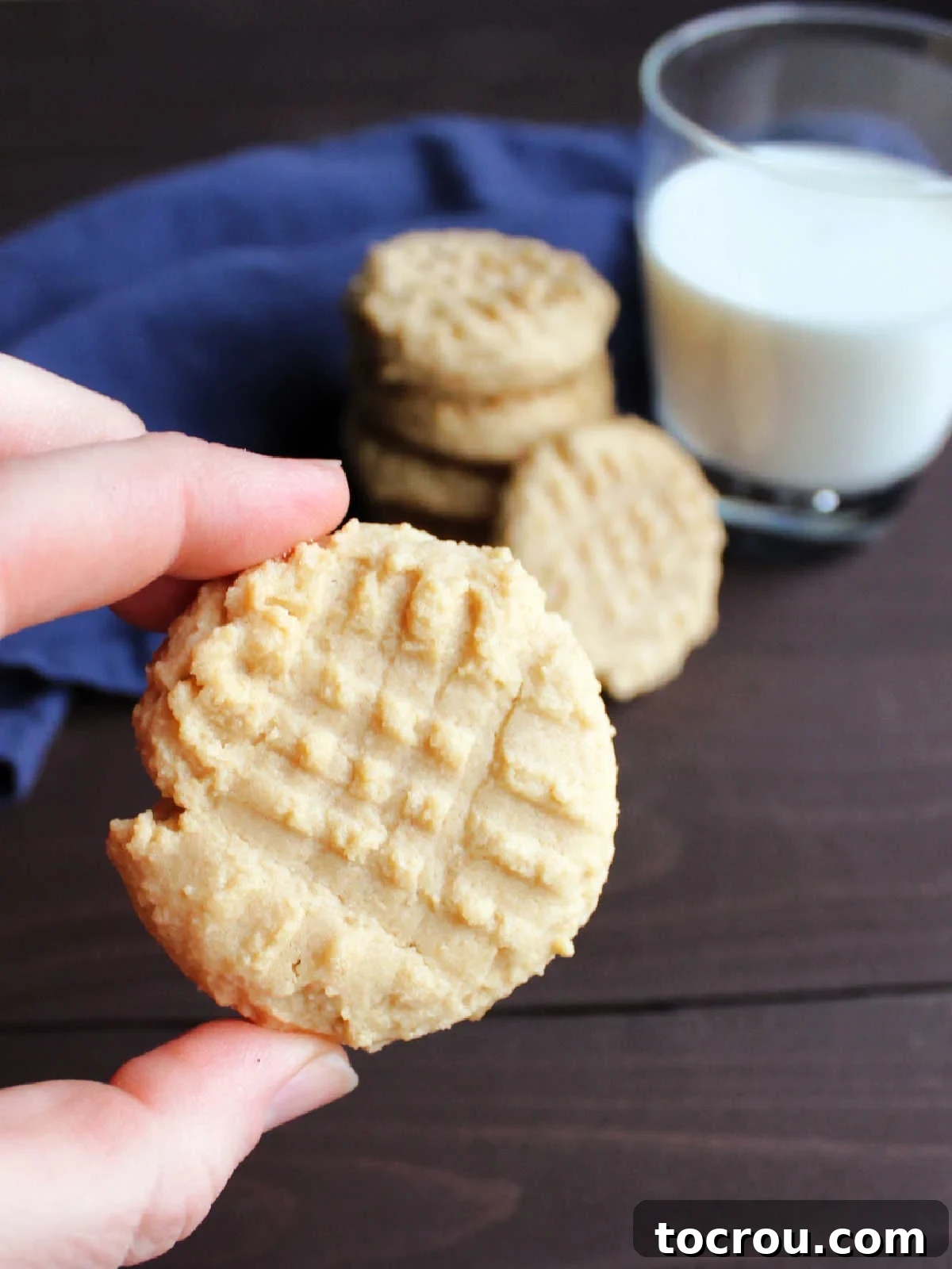 Grandma's Irresistible Peanut Butter Cookies 8 A hand gently holding a classic peanut butter cookie, showcasing its rustic waffle-like pattern on top, ready to be enjoyed.