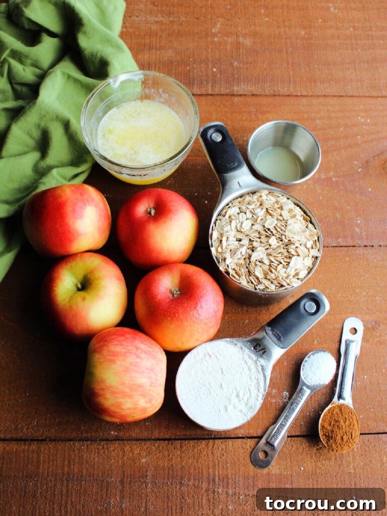 Ingredients for old fashioned apple crisp: fresh apples, flour, salt, cinnamon, oats, and melted butter, neatly arranged.