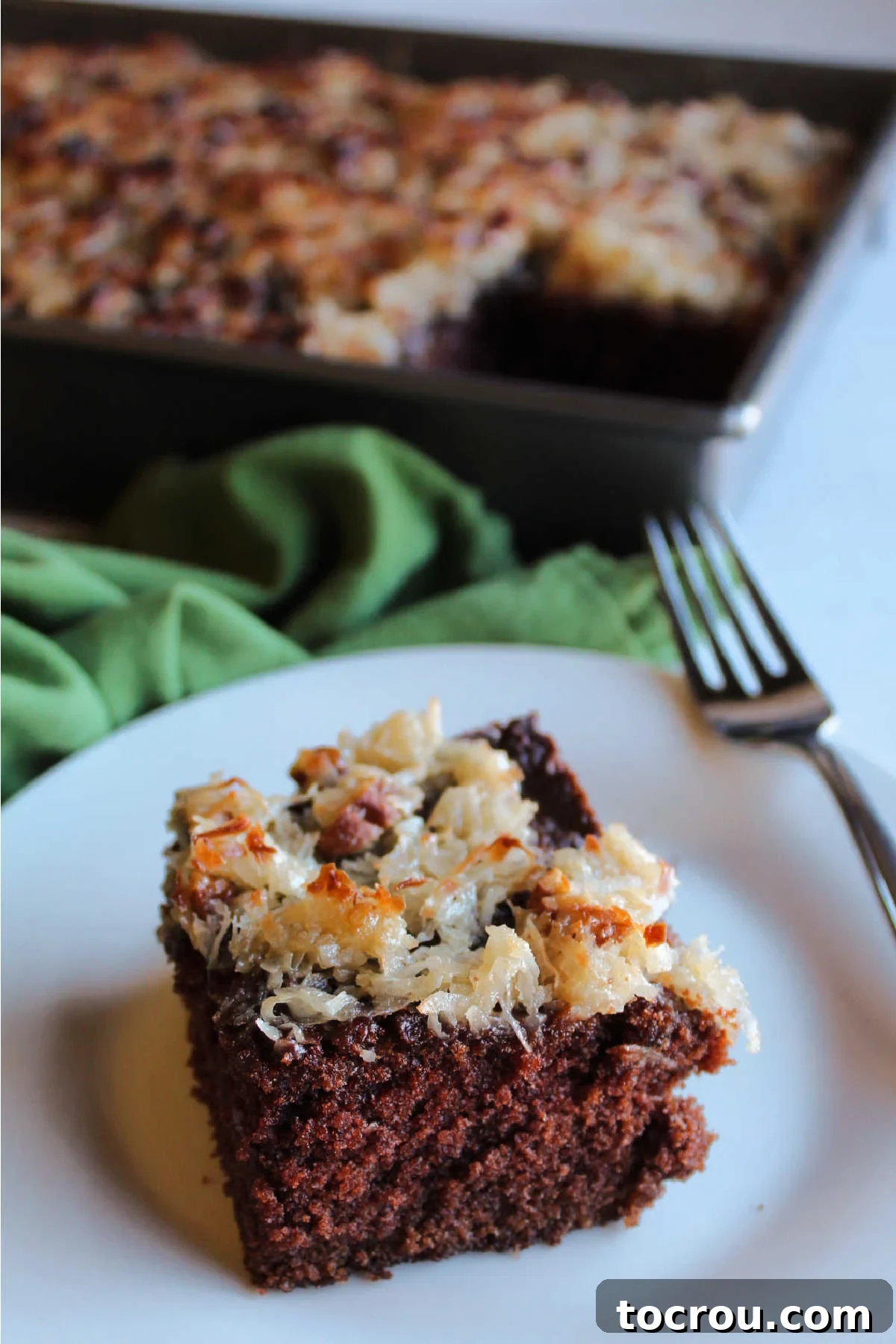 Decadent German Chocolate Cake Crowned with Broiled Coconut 12 A perfect piece of German chocolate cake, adorned with its glorious golden broiled coconut topping, presented on a small plate with a fork, invitingly ready to be enjoyed.