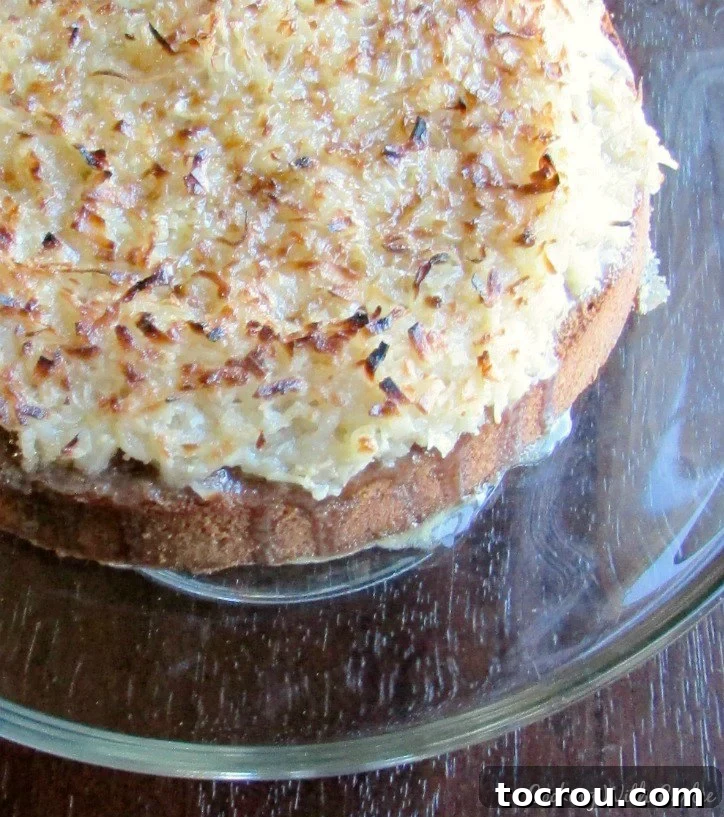 Decadent German Chocolate Cake Crowned with Broiled Coconut 10 A beautifully presented slice of German chocolate cake on a glass plate, adorned with its distinctive broiled coconut and pecan frosting, ready to be savored.