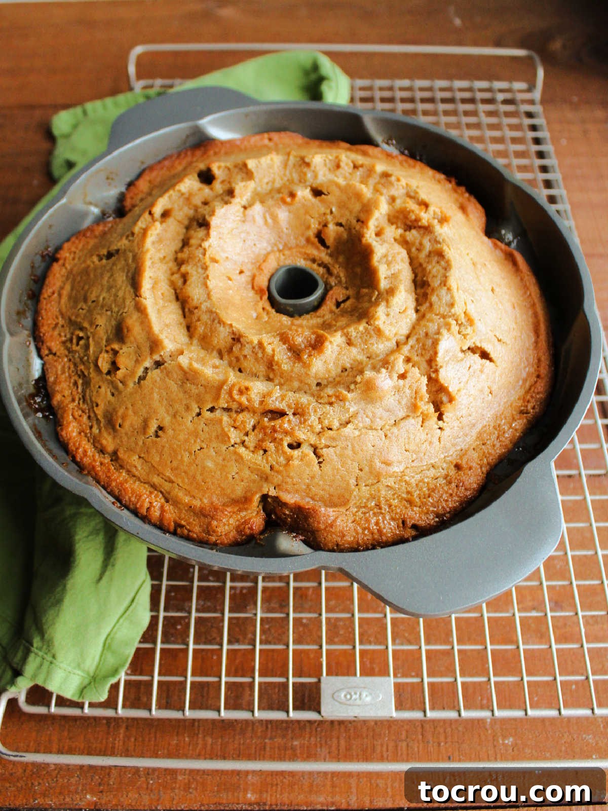 Cider Mill Bundt Cake 3 Freshly baked apple cake in bundt pan on wire cooling rack.
