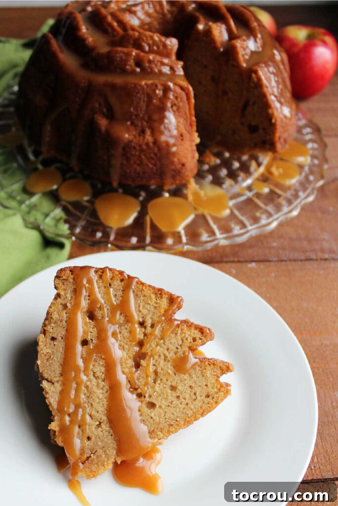 Cider Mill Bundt Cake 7 Slice of apple bundt cake served with a drizzle of extra caramel sauce.