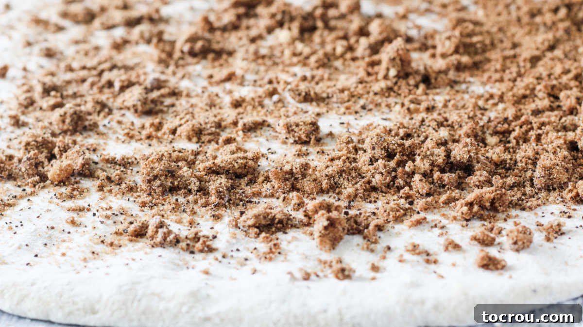 Cinnamon Coffee Filling on Dough Coffee, cinnamon, sugar and butter mixture sprinkled over dough for cinnamon rolls.