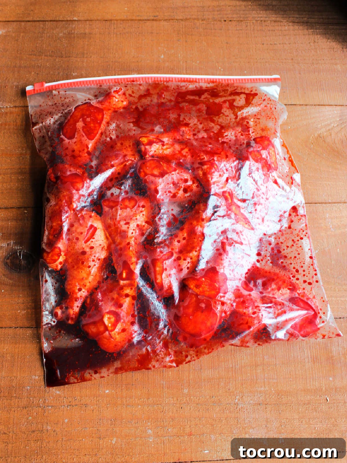 Large 2-gallon Ziploc bag filled with chicken legs soaking in a vibrant red char siu marinade, ready for refrigeration.