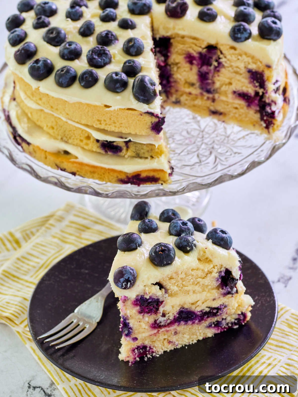 An overhead view of a magnificent lemon blueberry layer cake, beautifully adorned with creamy cream cheese frosting and garnished with fresh blueberries on top. A tantalizing slice is artfully placed on a dessert plate nearby, inviting guests to indulge in this delightful creation.