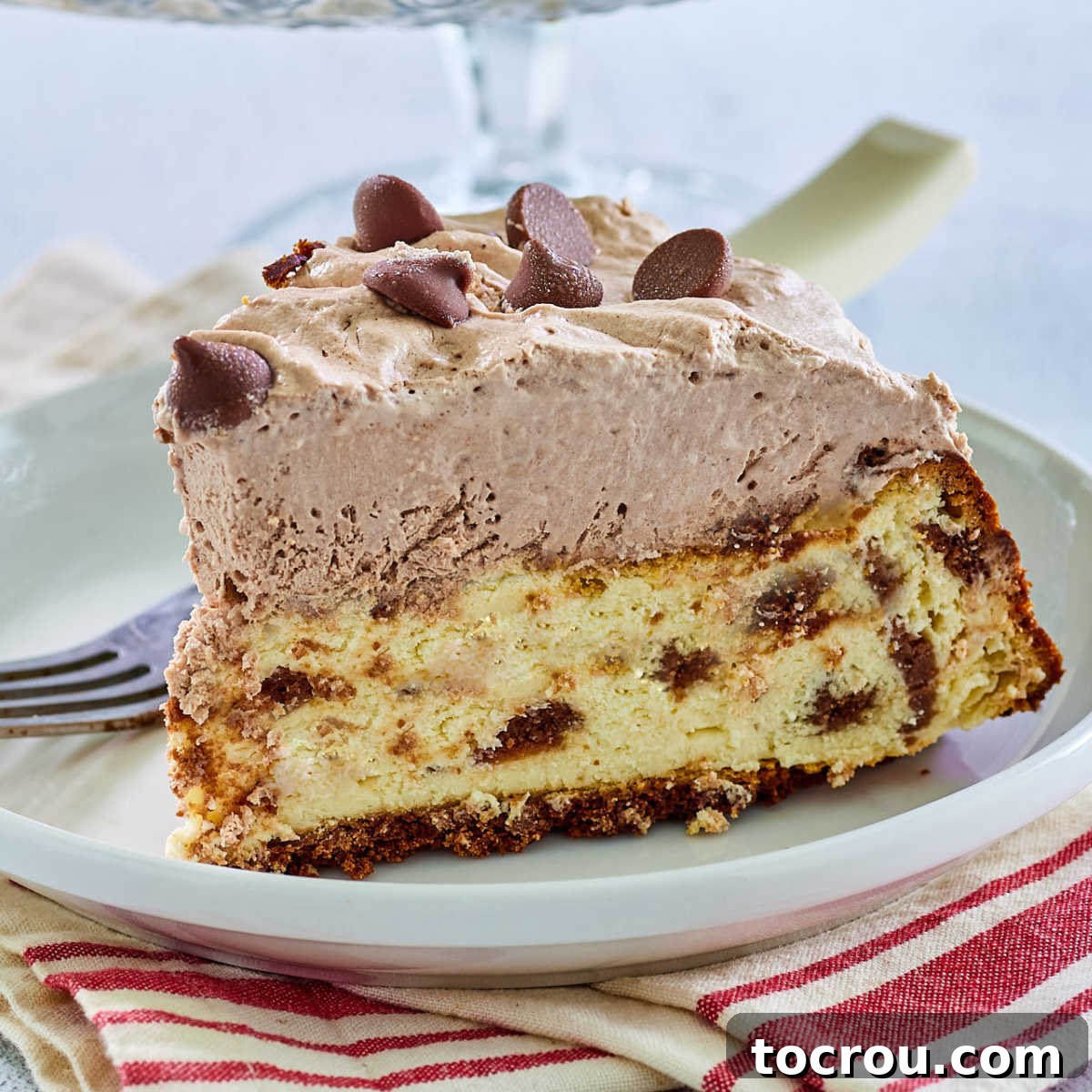 Decadent Brownie Chunk Cheesecake with Mocha Cloud Topping 2 Slice of vanilla cheesecake with chunks of homemade brownie suspended inside topped with mocha whipped cream and chocolate chips on small plate with fork, ready to eat.