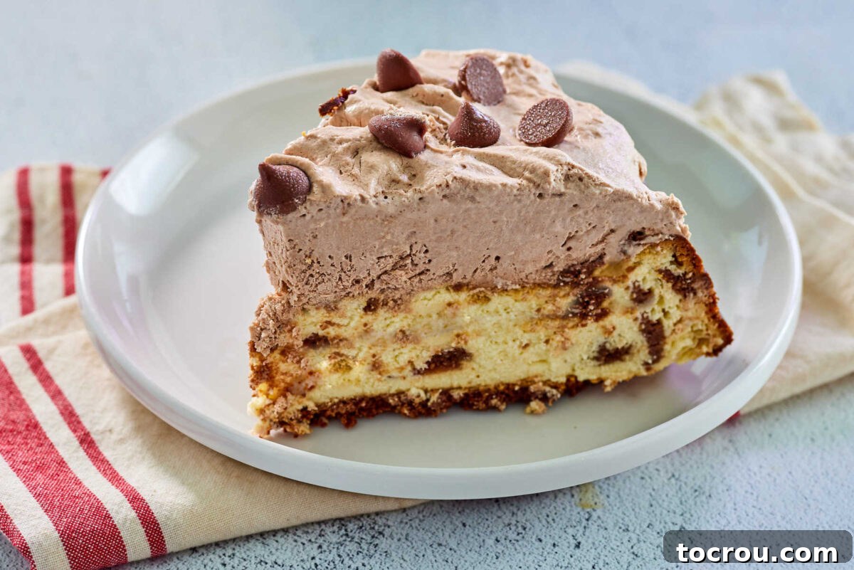 Decadent Brownie Chunk Cheesecake with Mocha Cloud Topping 3 Slice of vanilla cheesecake with bits of brownie throughout and a chocolate crust topped with chocolate whipped cream and some chocolate chips.