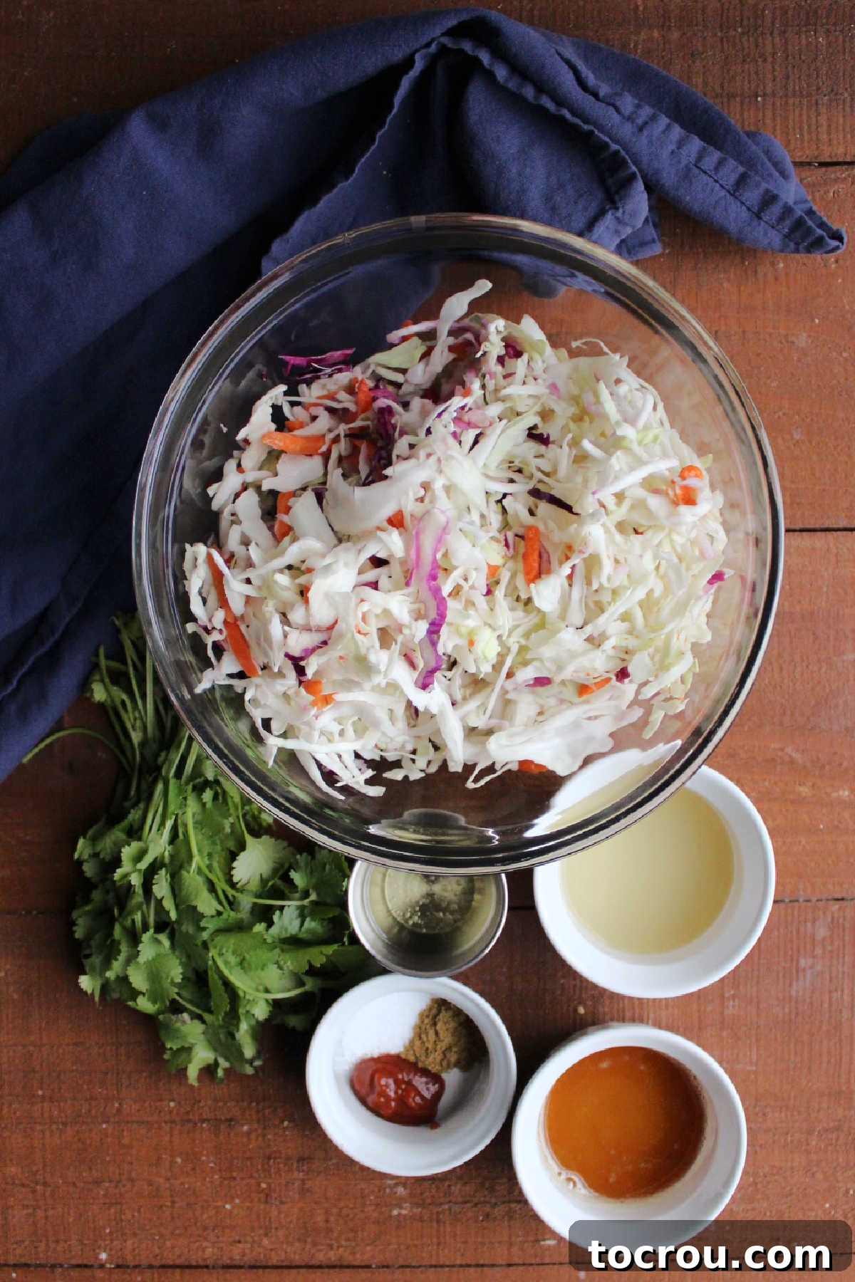 Ingredients for the vibrant Honey Lime Slaw, showing fresh components for the dressing and the colorful coleslaw mix. Fresh ingredients for honey lime slaw: shredded cabbage mix, vibrant green lime juice, golden honey, bold sriracha, earthy cumin, fine salt, clear oil, and a generous bunch of fresh cilantro.