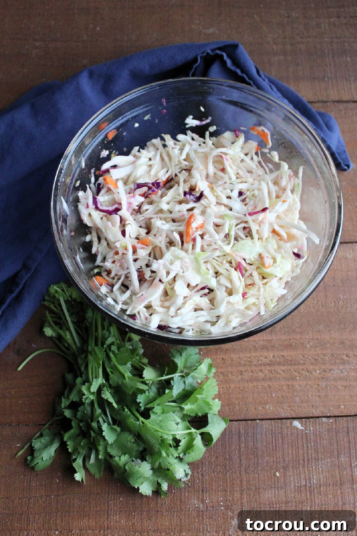 The dressed coleslaw is ready for the final touch of fresh cilantro, promising a burst of flavor. Bowl of freshly dressed coleslaw next to a bunch of fragrant fresh cilantro, highlighting the vibrant green and purple hues of the cabbage and the bright herbs.