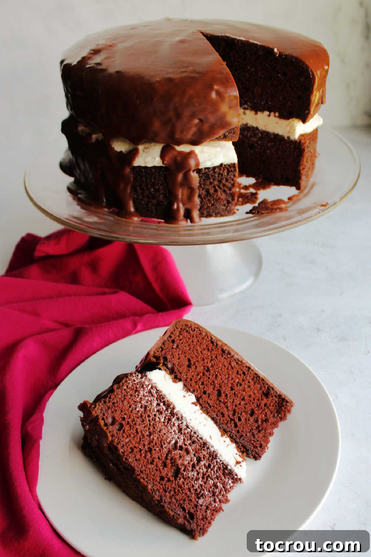 Chocolate Fudge Cream Delight 10 A generous piece of chocolate Ding Dong cake artfully placed on a pristine white dessert plate, subtly adorned with a small dark spoon, inviting immediate enjoyment.