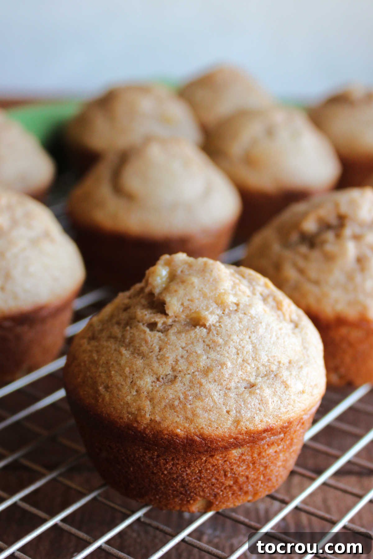 Tangy Sourdough Banana Muffins 4 Freshly baked sourdough banana muffins cooling on a wire rack.