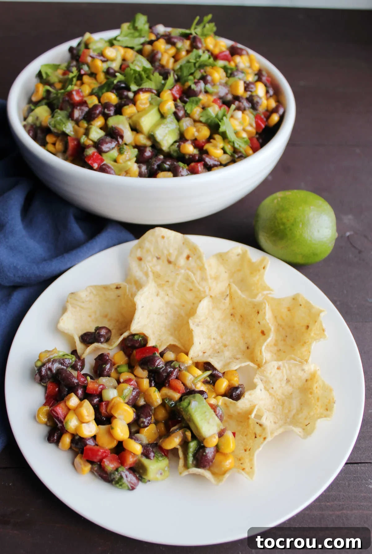 Plate of black bean salad served as a dip with tortilla chips.