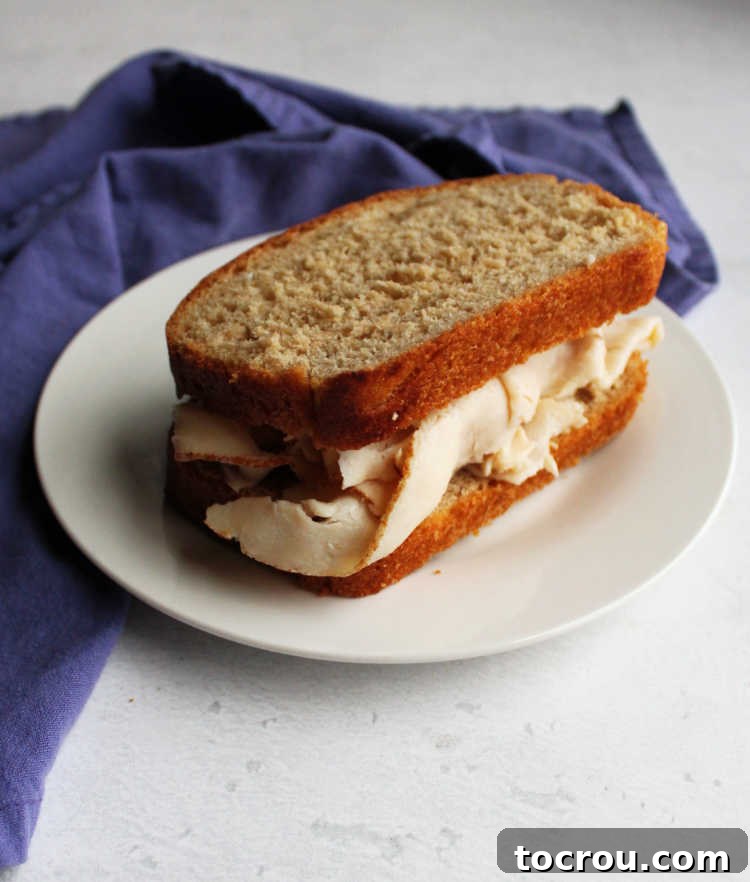 Artisan Whole Wheat Sourdough Sandwich Loaf 8 A tempting sandwich made with homemade sourdough bread, filled with shaved chicken breast and melted cheese, showcasing the bread's perfect texture for sandwiches.