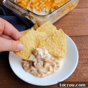Hand dipping tortilla chip into a pile of cheesy cajun shrimp dip.