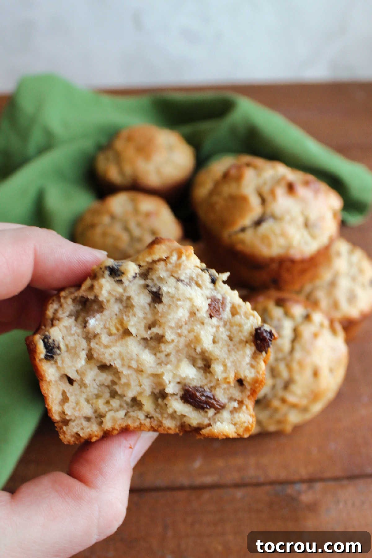 A hand gently holding half of an oatmeal raisin sourdough muffin, revealing its soft, moist interior dotted with oats and raisins.