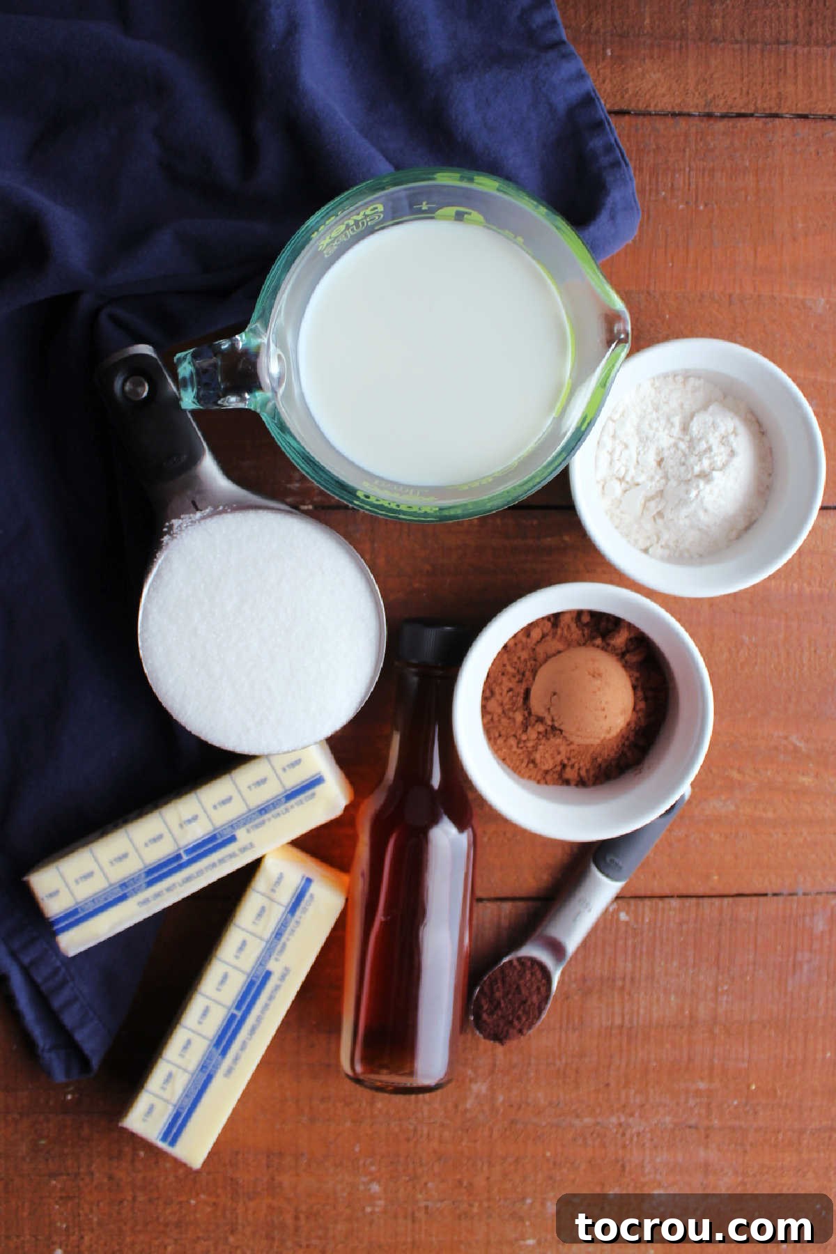 Velvet Mocha Cloud Frosting 4 Mocha ermine frosting ingredients including butter, sugar, milk, flour, cocoa powder, instant coffee, and vanilla extract.