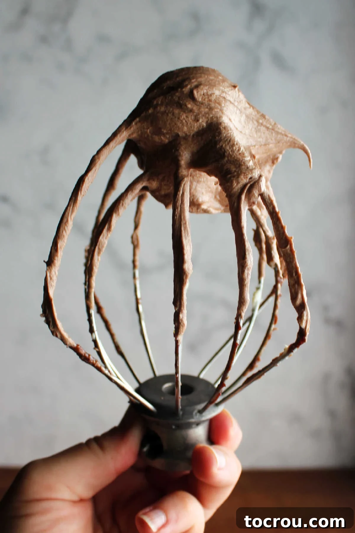 Velvet Mocha Cloud Frosting 9 Hand holding balloon whisk mixer attachment with a fluffy bit of mocha ermine frosting on the top of the whisk.