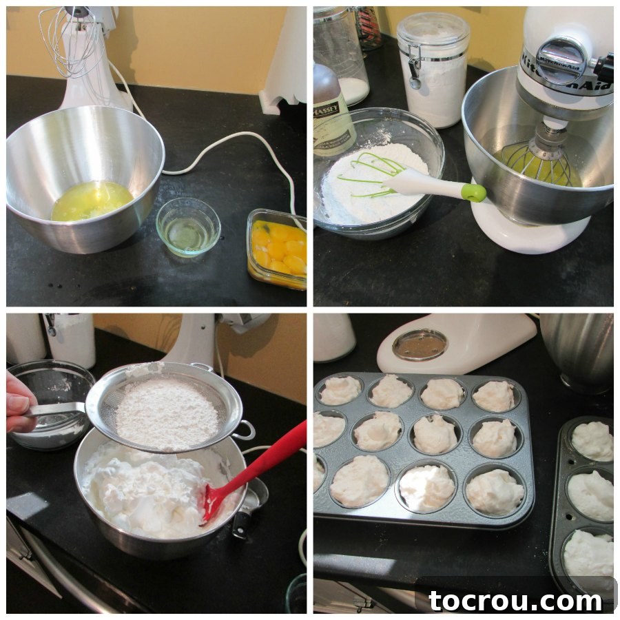 Angel Food Cupcake Batter Preparation Steps A collage demonstrating the step-by-step process of preparing angel food cake batter, starting with egg whites and progressing to batter filled into a cupcake tin.
