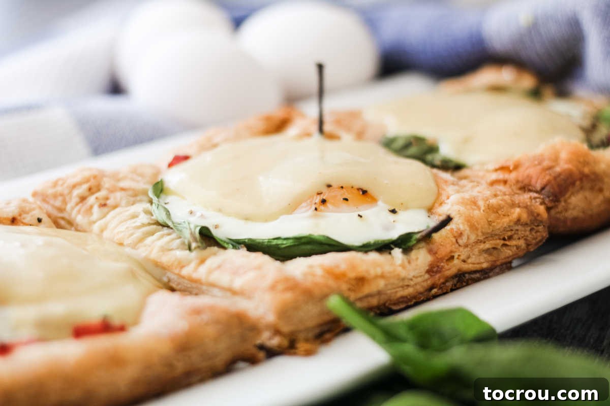 An overhead view of a single puff pastry tart, complete with a baked egg, spinach, ham, and a generous pour of Hollandaise sauce.